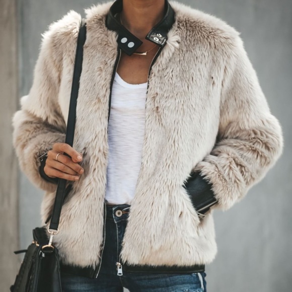 Jackets & Blazers - Chic Black Faux Leather Trim Gray Furry Jacket